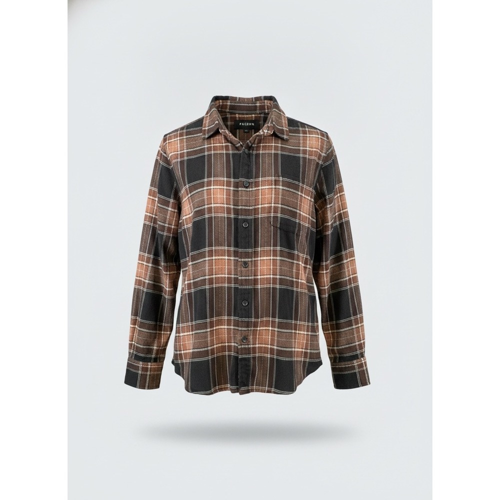 PacSun Mens Brown Black Plaid Flannel Button Down Shirt Small Cotton 090233